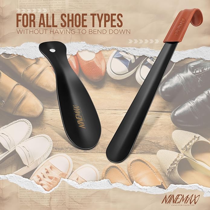NINEMAX Shoe Horn, Long Handle for Seniors | Metal Build, Easy Shoe Wearing, No Bending, Ideal for Boots, Sneakers and Everyday Use