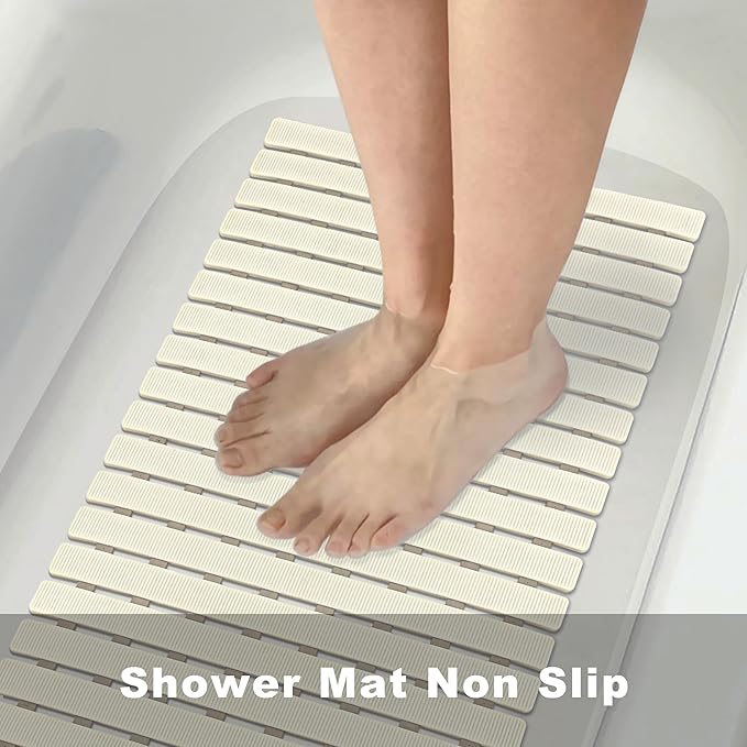 MBOSS Bath Tub Shower Mat Non Slip Bathtub Mats for Bathroom Shower Floor Mat Bath Mats for Shower Tub Anti Slip Shower Mat with Drain Hole and Large Suction Cups (Ivory White, 27.5 X 15.7 Inch)