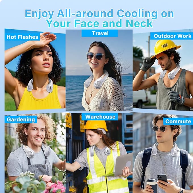 Portable Neck Fan Rechargeable, 5 Speeds, Lightweight, Long Lasting, Battery Operated All-Around Cooling Quiet Personal Fans for Travel Camping Cooling Essentials, Birthday Gifts for Women Men Mom Dad