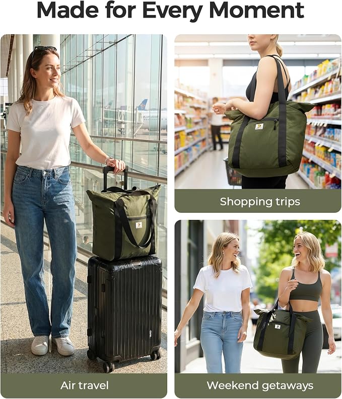 Foldable Travel Bag, 26L Duffle Bag for Travel, Expandable Second Carry-On Bag for Travel & Shopping, Water-Resistant Personal Item Bag, Olive Green
