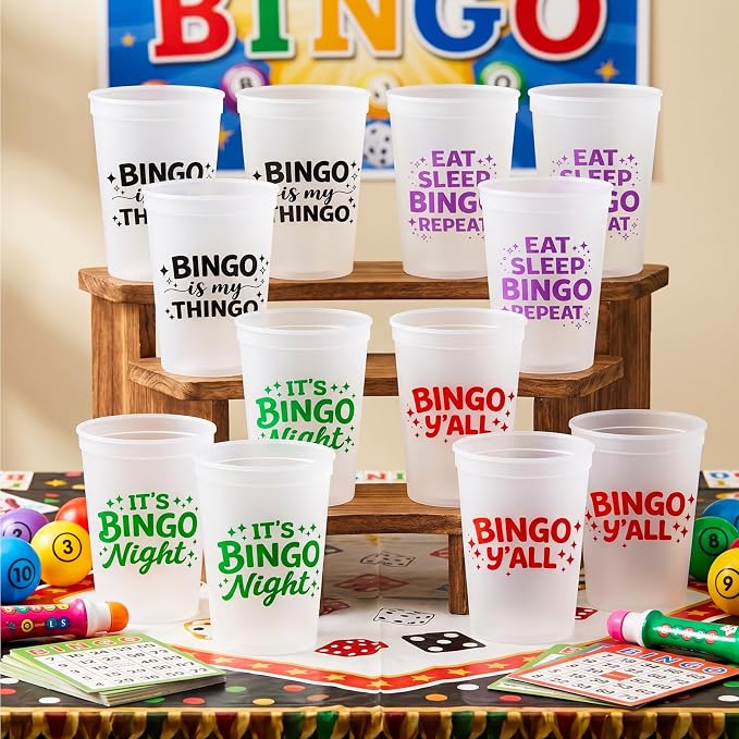 Yungyan 12 Pcs 16 oz Bingo Cups with Multicolor Funny Phrases, Frosted Reusable Plastic Party Supplies, Bingo Game Night Prizes Gifts for Family Christmas Birthday Celebration Accessories