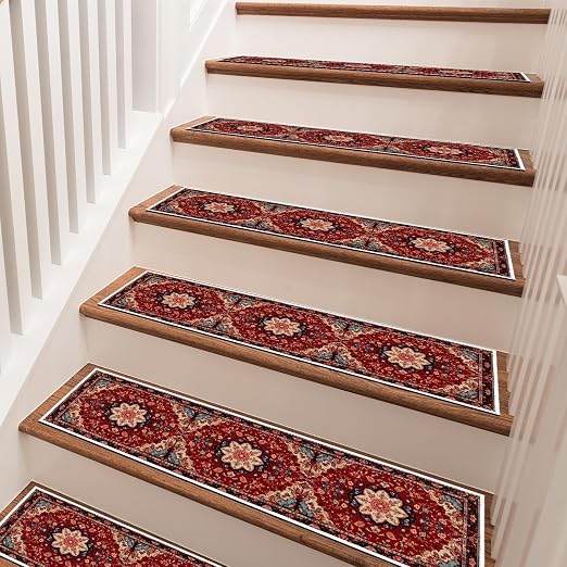 Persian Stair Runner Non Slip Washable 15 Pack Stair Treads 8x30 | 15PCS Persia Wooden Steps Stair Treads 8x30 Inch, Stain Resistant Oriental Washable Stair Carpet Rug Silicone Backing