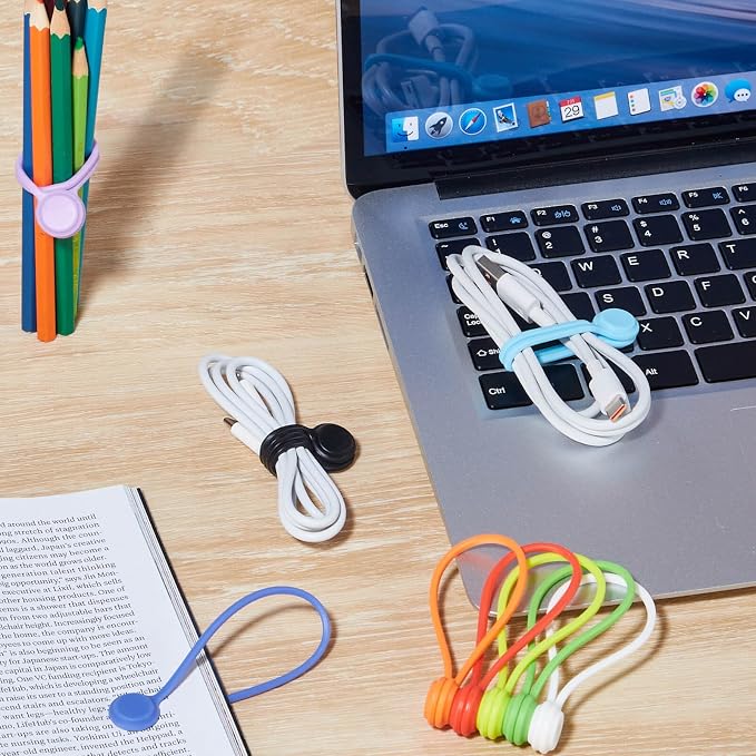 Magnetic Cable Ties 10 PCS Reusable Cable Organizers Earbuds Cords USB Cable Manager Keeper Wrap Ties Straps Bookmark Clips Whiteboard Noticeboard Fridge Magnets for Office, School, Home Organization