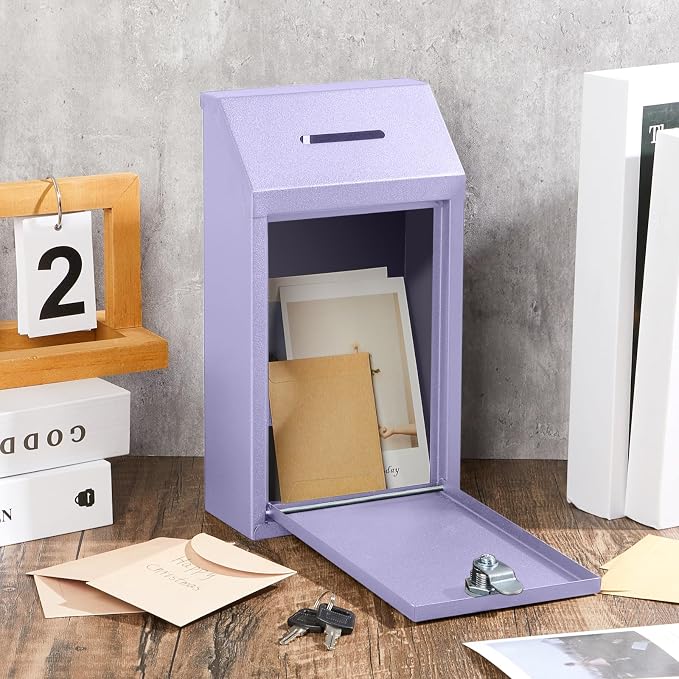 Yaocom Metal Money Box,Morandi Purple,10.24 x 5.71 x 2.95 Inch,No Lid | Wall Mounted Drop Donation Cash Box for Farm Stand Collection Safe Suggestion Box with Lock Container for Home Office Outdoor