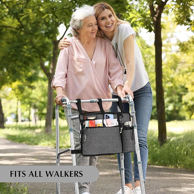 Walker Accessories for Seniors - Folding Walker Bag with Cup Holder, Storage Basket, and Organizer Pouch, Grey