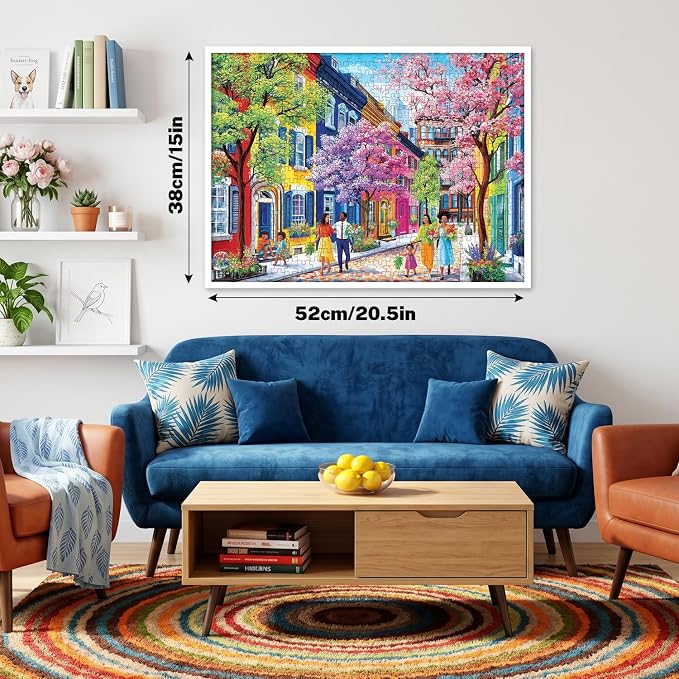 500 Piece Jigsaw Puzzle for Adults, Colorful Spring Street with Blossoms | Vibrant townhouses, blooming trees and cheerful family scenes for screen-free fun, game night, wall decor and senior gifts