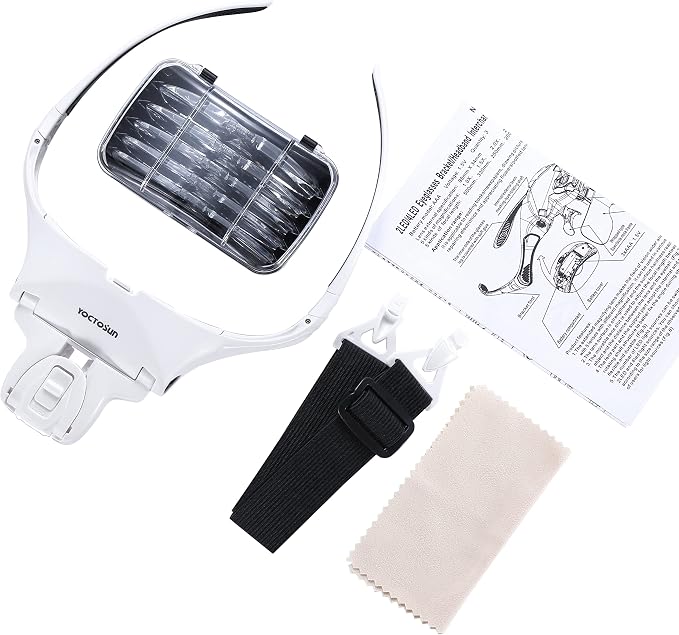 YOCTOSUN Head Magnifying Visor with 4 LED Lights and 5 Detachable Lenses 1X, 1.5X, 2X, 2.5X 3.5X - Hands-Free Headband Magnifier Glass for Jewelry, Arts, Crafts and Close Work