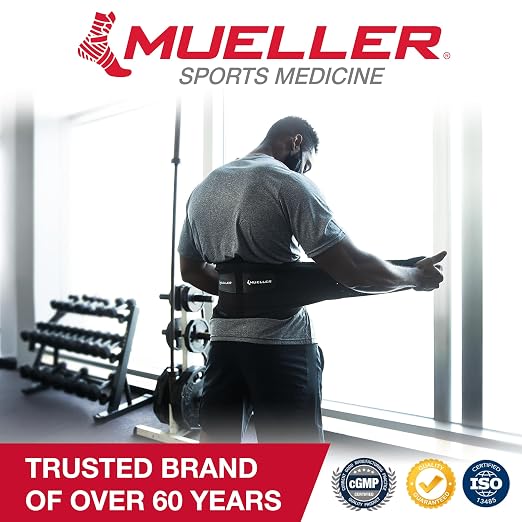 MUELLER Sports Medicine Adjustable Lumbar Back Brace, Lower Back Pain Relief and Support Belt for Men and Women, Black, One Size Fits Most
