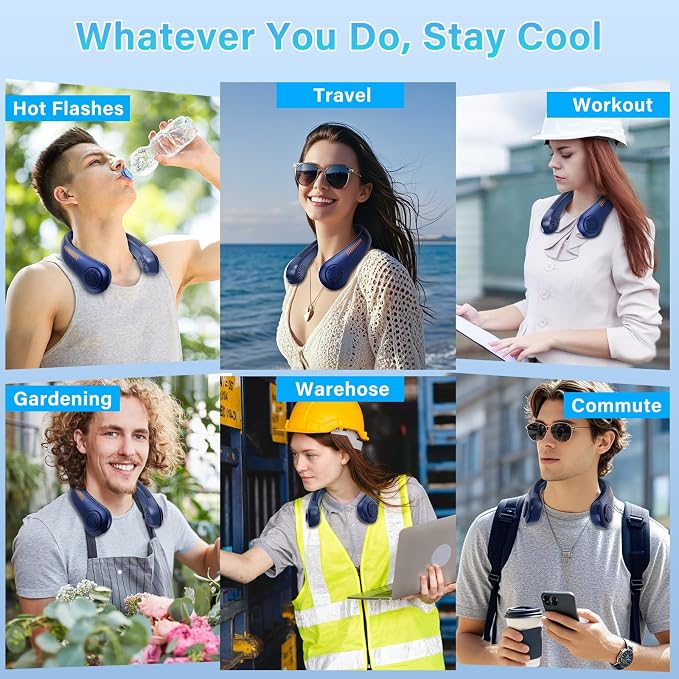 Portable Neck Fan Rechargeable, 5 Speeds, Lightweight, Long Lasting, Battery Operated All-Around Cooling Quiet Personal Fans for Travel Camping Cooling Essentials, Birthday Gifts for Women Men Mom Dad