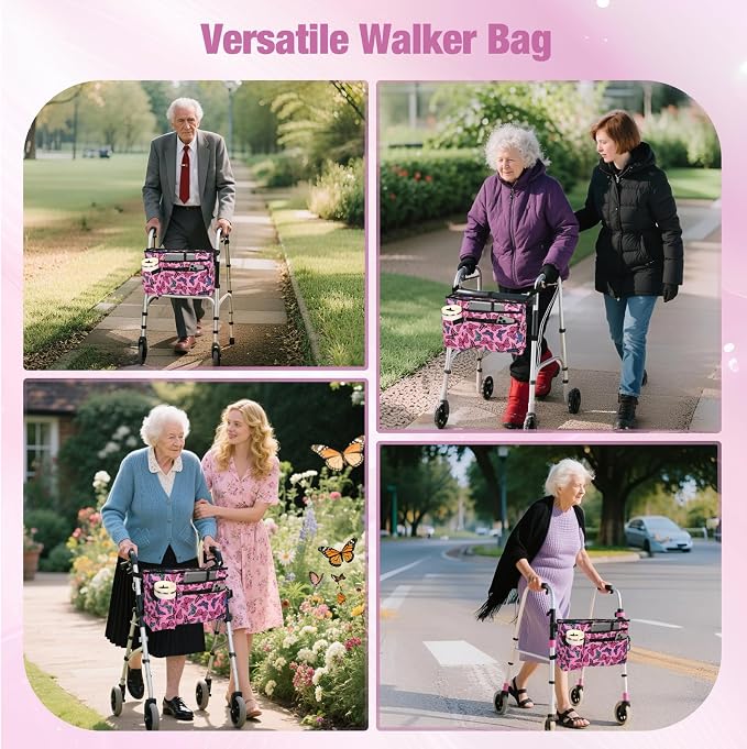 ZHCHG Walker Bag with Cup Holder, Walker Accessories for Seniors Detachable | Foldable Walker Basket with Large Capacity, Best Gift (Not Fit Rollator Walkers)- Lightpink