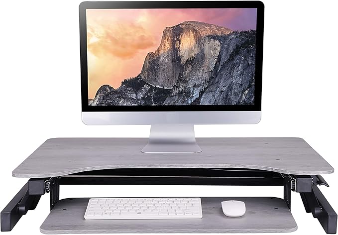 Rocelco 32" Height Adjustable Standing Desk Converter with Anti Fatigue Mat Bundle - Slide Out Retractable Keyboard Tray - Sit Stand Up Dual Monitor Riser - Computer Workstation - Gray (R ADRG-MAFM)