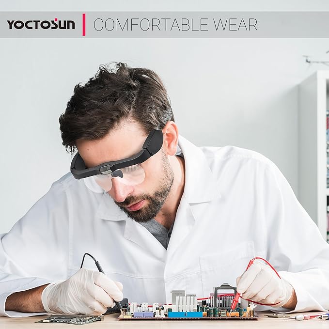YOCTOSUN Magnifying Glasses with Light, Rechargeable Head Magnifier Glasses with 3 LED Lights and Detachable Lenses 1.5X, 2.5X, 3.5X, 5X, Magnifying Headset for Close Work Hobby Jewelry Crafts