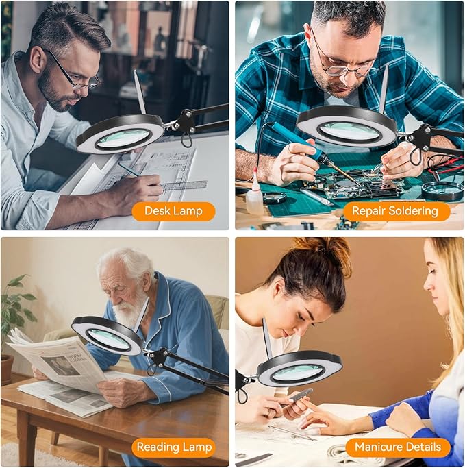 12XMagnifying Glass with Light and Stand|Magnifying Lamp with 3-Section Swing Arm,5 Color Modes LED Lighted Magnifier Lamp for Workbench (Black(Ultra Long))