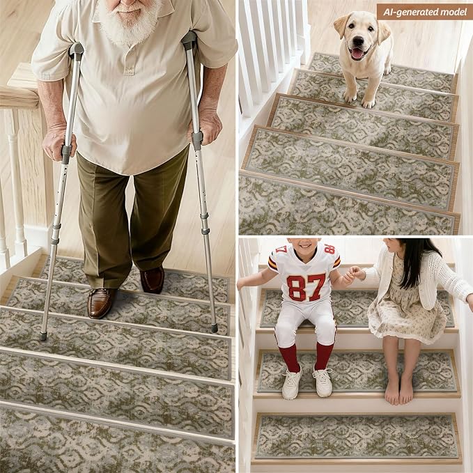 COSY HOMEER Stair Treads for Wooden Steps Indoor with TPE Backing,15Pcs | Non-Slip Carpet Stair Treads, Soft Peel and Stick Stair Runners,Pet-Friendly Stair Runner Washable Reusable,Willow