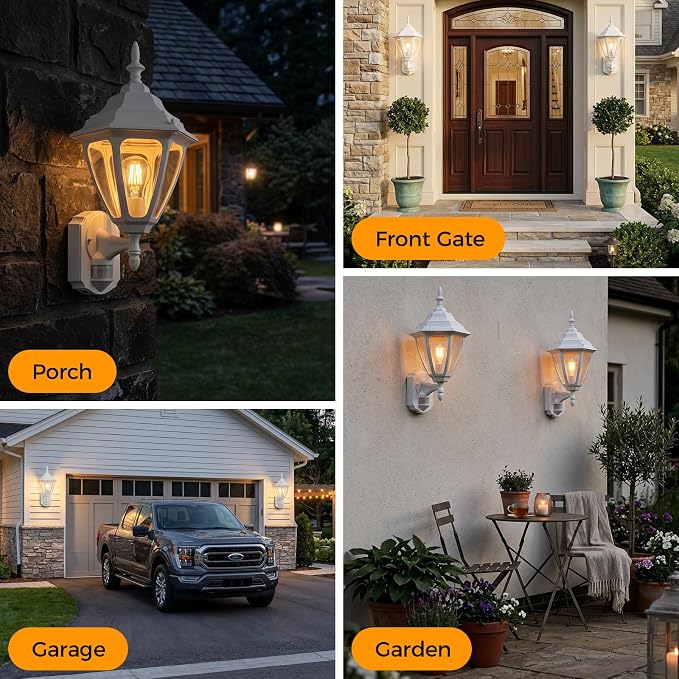 Porch Lights Outdoor Motion Sensor Wall Sconce Anti-Rust Aluminum, Exterior Outdoor Wall Lights Dusk to Dawn Porch Light Fixture Wall Mount for House Outside Patio Large White