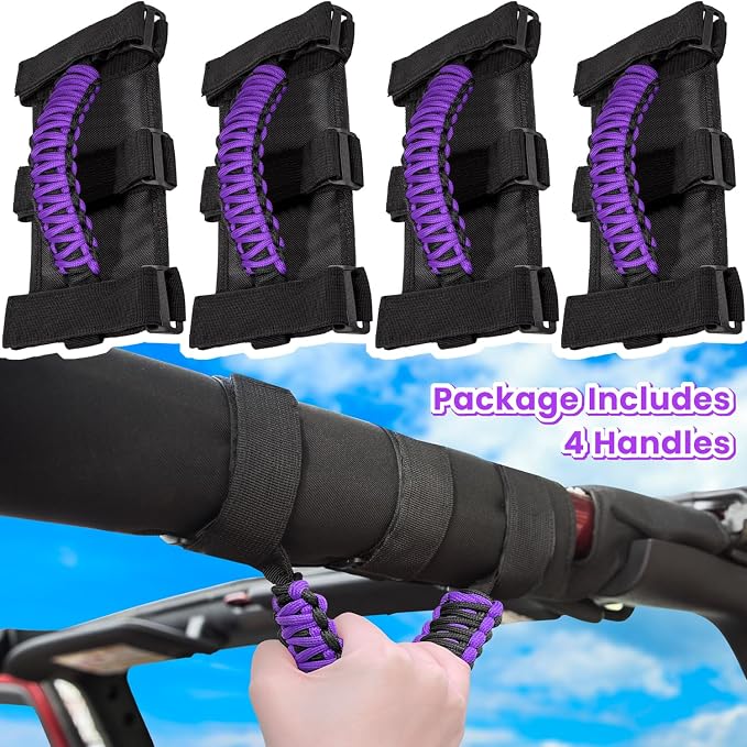 4 x Roll Bar Grab Handles Grip Handle for Jeep Wrangler JK JKU JL JLU TJ YJ Sports Sahara Freedom Rubicon Unlimited Gladiator JT 1955-2023 UTV ATV Premium 550 Paracord Interior Accessories (Purple)