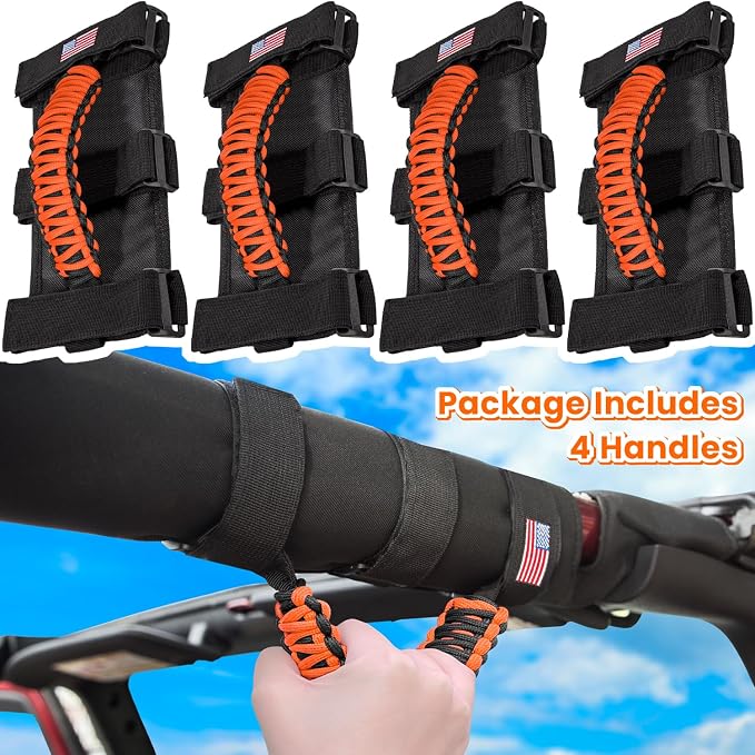 4 x Roll Bar Grab Handles Grip Handle for Jeep Wrangler JK JKU JL JLU TJ YJ Sport Sahara Freedom Rubicon Unlimited Gladiator JT 1955-2023 UTV ATV Premium Paracord Interior Accessories US Flag (Orange)