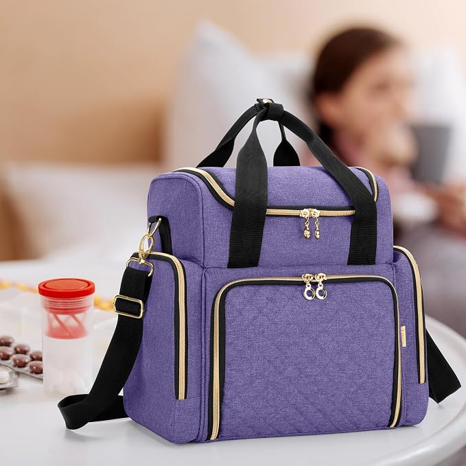 LUXJA Large Medicine Bag with 2 Removable Cases, Purple | Medicine Storage Bag with Multiple Pockets, Pill Bottle Organizer with Shoulder Strap, Trolley Sleeve for Travel or Home