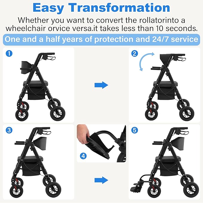 Walkers for Seniors,Heavy Duty Rollator Walker Wheelchair Combo, 2 in 1 Rollator Transport Chair with Brakes, 450 lb Rolling Walker 10" Big Wheels for All Terrain, Black