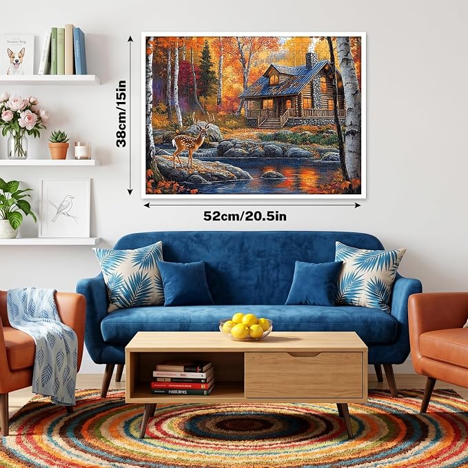500 Piece Puzzle for Adults, Autumn Fall Landscape Jigsaw Puzzles 500 Pieces, Deer Forest Cabin River Scene, 500 Piece Puzzles for Adults, Cozy Nature Puzzle, Family Game, Home Decor Gift 20.5 x 15 in
