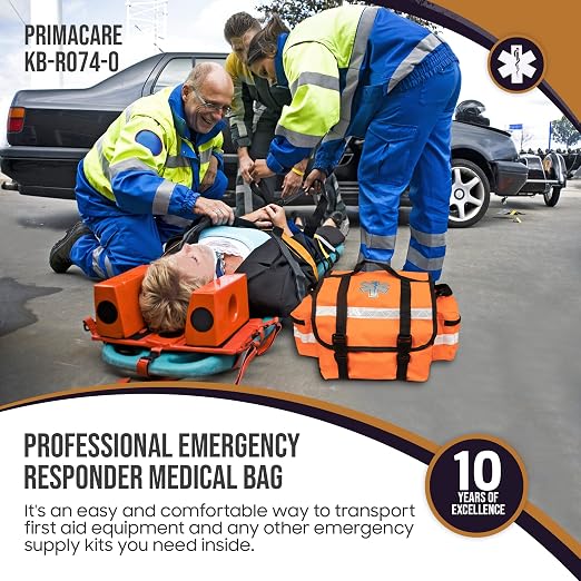 Primacare KB-RO74-O First Responder Trauma Bag, 17" x 9" x 7", Orange β EMT/EMS Medical Supply Organizer with Padded Dividers, Multiple Compartments, Side Pockets, Reflective Strip, Durable Design