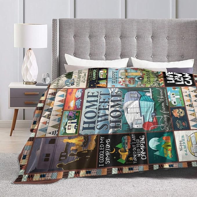 Camping Blanket Soft Warm Plush Throw Blanket Happy Camper RV Gifts for Camper Lover Cozy Lightweight Flannel Fleece Stuff Decor Blanket for Girls Boys Kids Adults Women Bed Travel 60"x80"