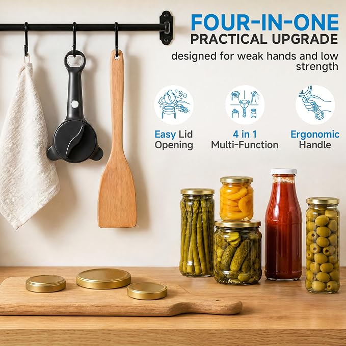 2026 Upgraded 4-in-1 Jar Opener - Adjustable Stainless Steel Lid Remover for Seniors & Arthritis Sufferers (Black)