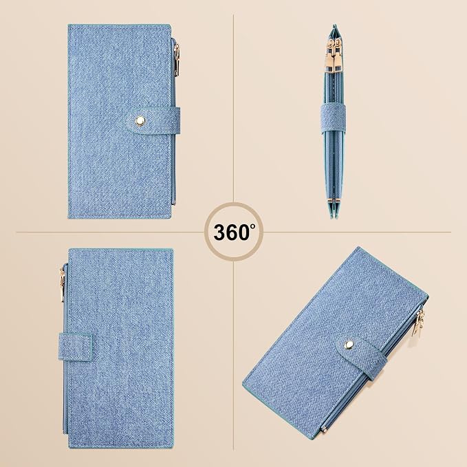 Travelambo Womens Leather Bifold Wallet, Slim RFID Blocking Card Holder | Large Capacity, 16 Card Slots & ID Window, 2 Zipper Pockets, Dual Snap Closure, Slim Lightweight, RFID Privacy Protection