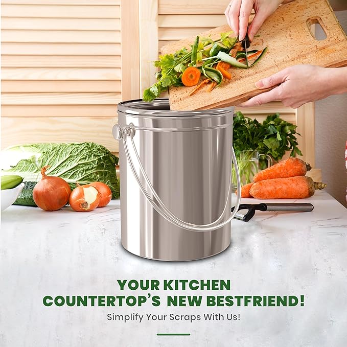 Utopia Kitchen Countertop Compost Bin 1 Gallon, Stainless Steel, Silver | Odorless countertop compost bin with charcoal filter, ideal for food scraps and waste