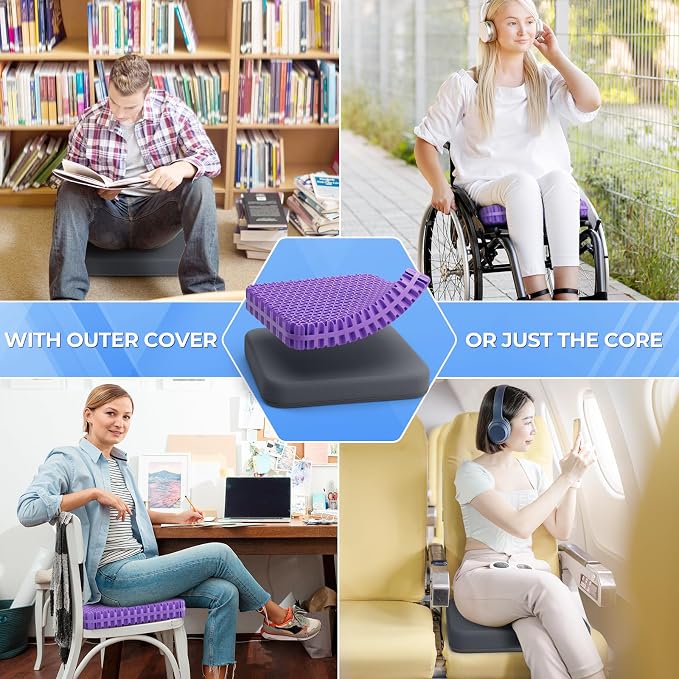 TushGuard Gel Seat Cushion for Long Sitting, Enlarged & Thickened Patent Design, Breathable Cooling Chair Pad for Office, Soft Car Seat Cushion for Wheelchair (2.2" Thick, Black)