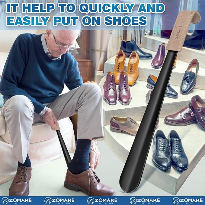 ZOMAKE Shoe Horn Long Handle for Seniors Men Women,Metal Long Shoehorn for Boots,16.5" Shoe Spoon Helper(Line Handle)