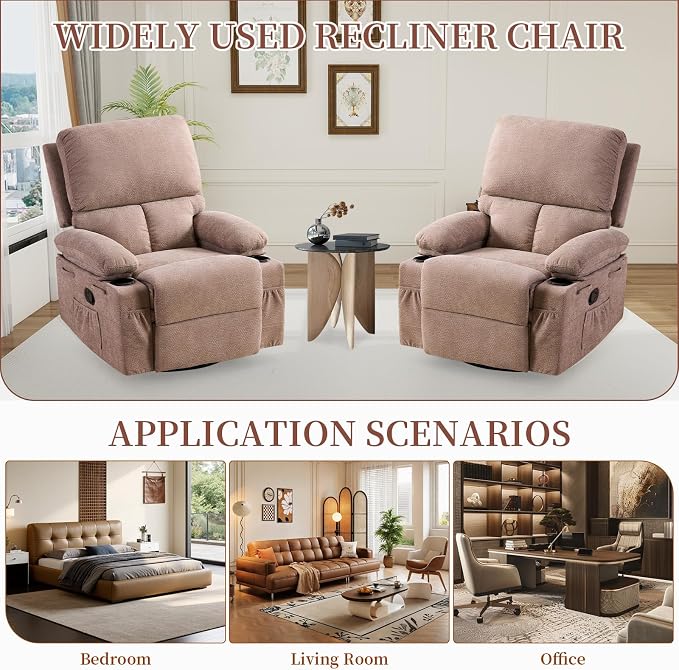 Recliner Chairs for Adults and Elderly, Swivel Rocker Recliner with Massage and Heating, Manual Reclining Chair with Cup Holders and Side Pockets, Comfy Rocking Chair for Living Room, Brown