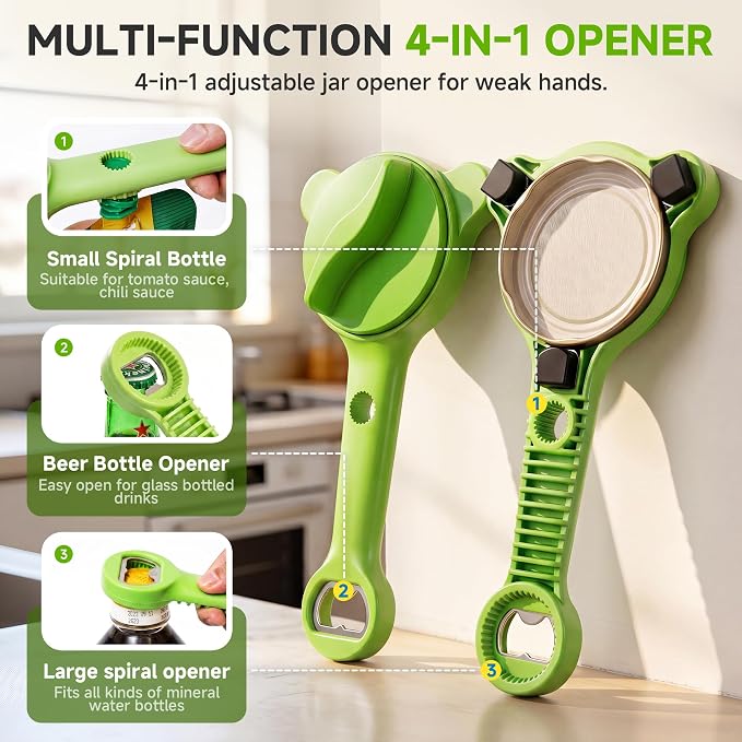 2026 Upgraded 4-in-1 Jar Opener - Adjustable Stainless Steel Lid Remover for Seniors & Arthritis Sufferers, Fits Kitchen Jars, Bottles & Cans Green