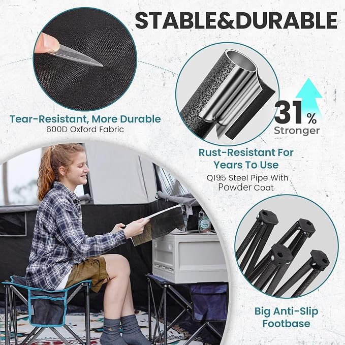 FUNDANGO Oversized Camping Stool for adults, 2 Pack Thick Padded 18.1 Inch Folding Ottoman Foot Rest, 440 Lbs Heavy Duty Outdoor Camp Chairs with Anti-Slip Foots & Carry Bag for Fishing Travel (Black)