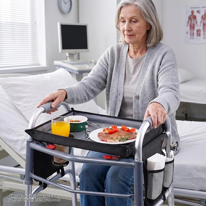 Walker Tray for Folding Walker with Cup Holder, Detachable Tray for Walker, Walker Accessories for Senior with Non-Slip Mat, Universal Fit for Meals, Drinks, Reading,Laptop (Black with Side Pockets)