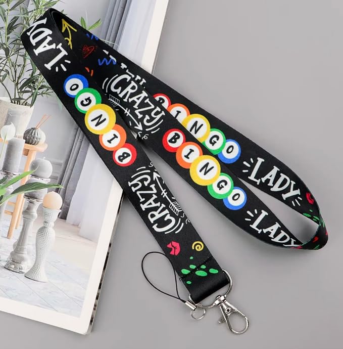 Crazy Bingo Lady Game Chance Gambling Ball Balls Number Numbers Cards Grid Card Senior Senior Center Church 17.7" Neck Lanyard Keychain Holder ID Badge Mobile Phone Pin Strap