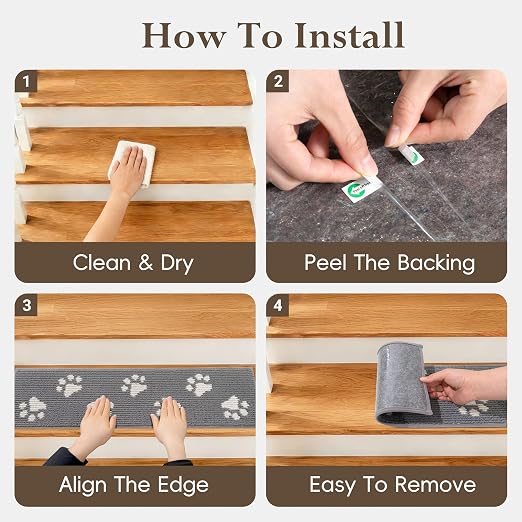 DEXDE Stair Treads for Wooden Steps Non-Slip Stair Runner, 7pcs 30"x8" Grey | Carpet Stair Treads Non Slip Backing Indoor, Soft Washable Stair Runners Self-Adhesive Staircase Rugs for Kids Pets Elders