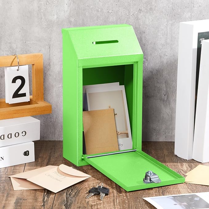Yaocom Metal Money Box,Light Green,10.24 x 5.71 x 2.95 Inch,No Lid | Wall Mounted Drop Donation Cash Box for Farm Stand Collection Safe Suggestion Box with Lock Container for Home Office Outdoor