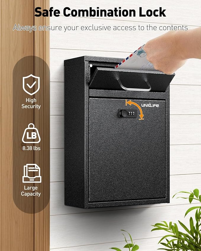 Uniclife Wall Mount Mailbox for Outside, Heavy Duty Locking Mailbox, Black | Anti-Theft Function, Large Mailbox with Combination Lock, Safe Key Drop Box, Steel Cash Drop Box for Home Office