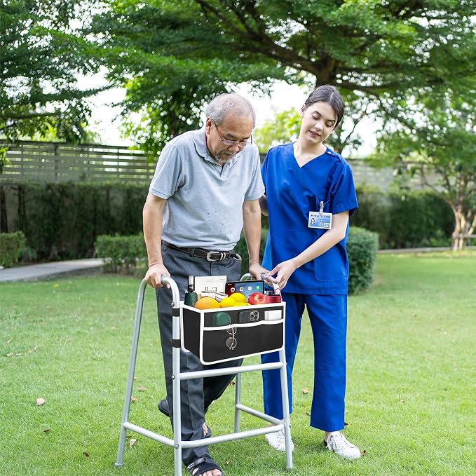 Yuan & Chuang Walker Bag - Foldable with 6 Elastic Straps, Stronger Than Other Baskets, Multiple Pockets & Never Tipping Over for Elders and Family - Black