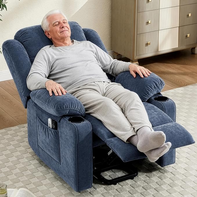 Power Lift Recliner for Elderly,Electric Recliner Chair with Massage & Heating for Adults, USB Charging, Cup Holders, Side Pocket, Living Room Sofa L1288 (Navy Blue)