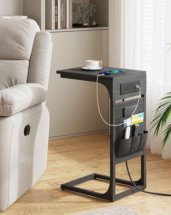 TUTOTAK C Shaped End Table with Charging Station, Side Table for Sofa | Couch Table with Storage Bag, TV Tray with 2 USB Ports and Outlets, Set of 2, Living Room and Bedroom, Black TB01BK0242