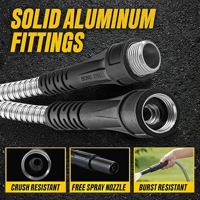 BIONIC STEEL 100 Ft Metal Garden Hose with Sprayer Nozzle | Non Kinking Design, Stainless Steel Heavy Duty Water Hose 100 Ft x 5/8 in. Flexible & NON Expandable for Water Flow, 500 PSI