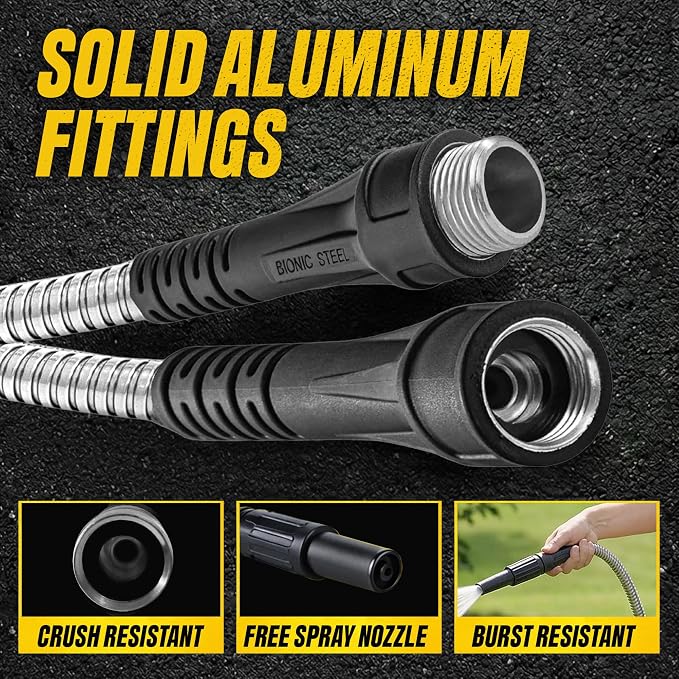 BIONIC STEEL 25 Ft Metal Garden Hose with Sprayer Nozzle | Non Kinking Design, Stainless Steel Heavy Duty Water Hose 25Ft x 5/8 in. Flexible & NON Expandable for Water Flow, 500 PSI
