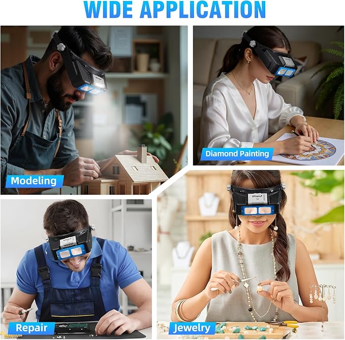 Dilzekui Rechargeable Magnifying Glasses for Close Work 1.5X to 3.5X Lenses | with Adjustable Light, Opitcal Arylic Lens, Lightweight Magnify Headset, Handsfree Head Magnifier for Jewelers Hobbies Crafts