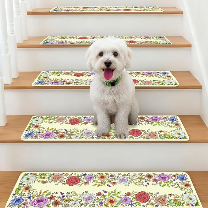 Butterfly Floral Stair Treads Non-Slip Stair Carpet for Wooden Steps 15PCS 8"X30" Stair Rugs Rubber Backing Treads Stair Mats Indoor Safety Staircase Step Treads for Elders Kids Dogs Beige