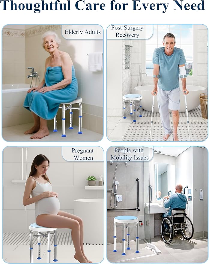 Swivel Shower Stool for Inside Shower, 360° Rotating Shower Seat with Heavy-Duty Support Up to 300lb, Adjustable & Non-Slip Chair for Senior Elderly Disabled Pregnant