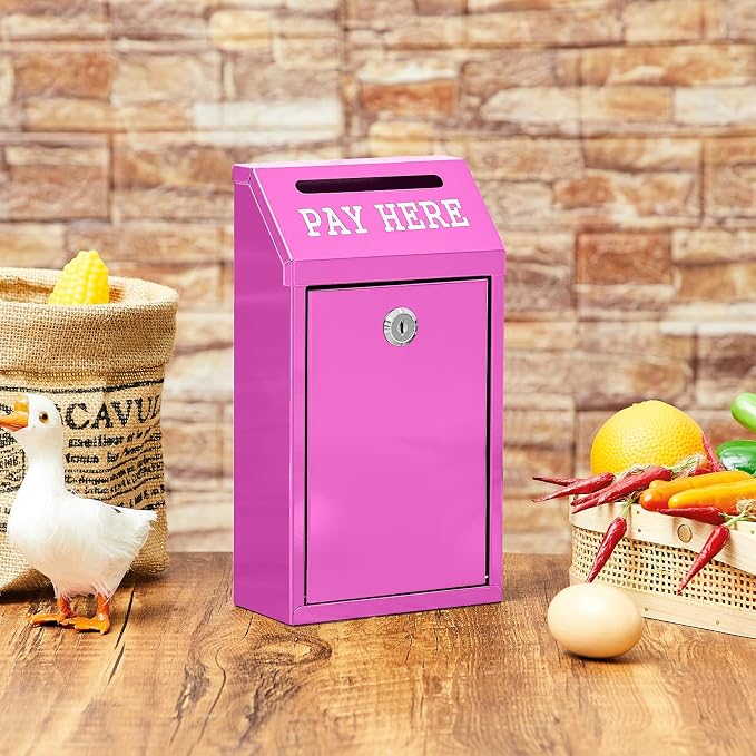 Yaocom Safe Metal Cash Box for Farm Stand – Money Drop and Secure Donation Collection, Wall Mount Lockable Unit with Pre Drilled Holes for Outdoor Self Serve(Rose Red,10.2 x 5.7 x 2.8 Inch)