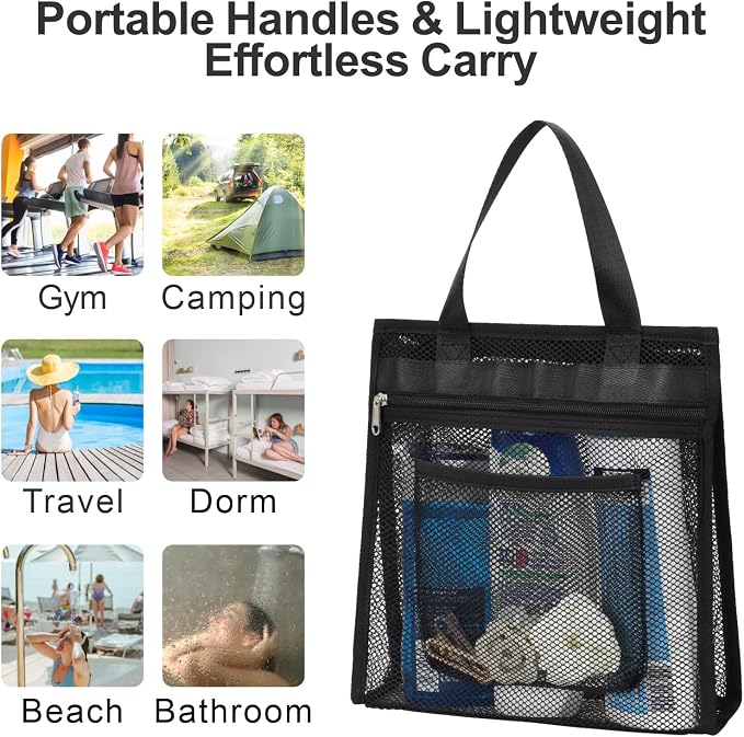 Small Mesh Shower Caddy Portable - Zipper Gym Shower Bag for Travel, Black | 3 Pockets, Quick-Dry Mesh, S-Hook, Hanging Shower Caddy for Toiletry Essentials, Bathroom & Camping