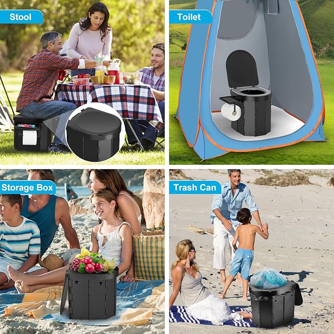 Portable Camping Toilet, Foldable Toilet for Adults with Detachable Phone Shelf and Toilet Paper Holder, Waterproof Porta Potty with Lid for Camping, Hiking, RV Travel, Road Trips